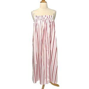 Lake Poplin Ruffle Midi Nightgown in Candy Stripe Red White Pink Pockets Size XS